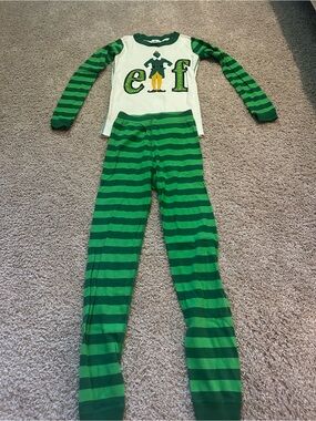 ELF Green and Cream Kids Two-Piece Striped Pajama Set